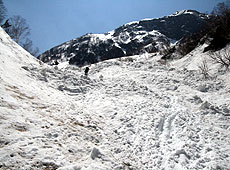 雪に覆われた北アルプスの涸沢カール