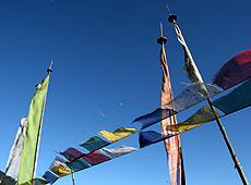 ブータンの山の上ではためくタルチョとダルシン
