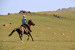 キルギスの草原を馬で走る少年
