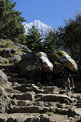 ヒマラヤのエベレスト街道を歩くシェルパ族とタムセルク峰