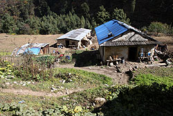 ヒマラヤのエベレスト街道沿いの民家と畑