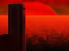 真っ赤な太陽に照らされる大都会のフォトコラージュ