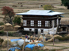 ブータンの農家の脱穀風景