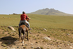 キルギスの草原を馬で走る男性