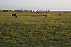 キルギスのソンクル湖畔の草原とユルタ