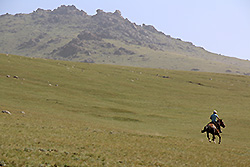キルギスの大草原を馬に乗って走る遊牧民の少年