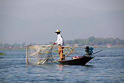 ミャンマーのインレー湖で漁をするインダー族の漁師