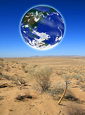 地球のCGとウズベキスタンのキジルクム砂漠のフォトコラージュ