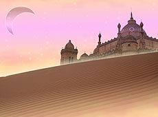 月が輝く空と砂漠の中の城のフォトコラージュ