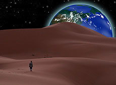 地球のCGとモロッコのサハラ砂漠を歩く少年のフォトコラージュ