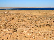 ウズベキスタンのキジルクム砂漠と湖